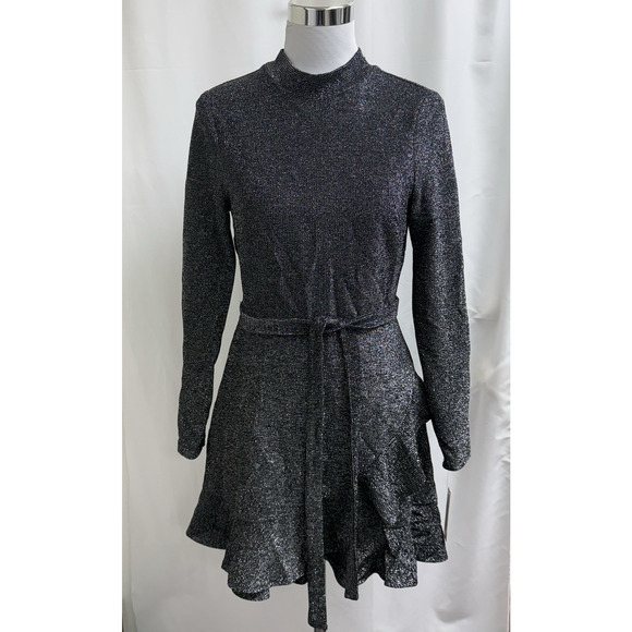 Speechless Long Sleeve Ruffle Hem Dress Juniors Medium Black Metallic - Picture 2 of 10